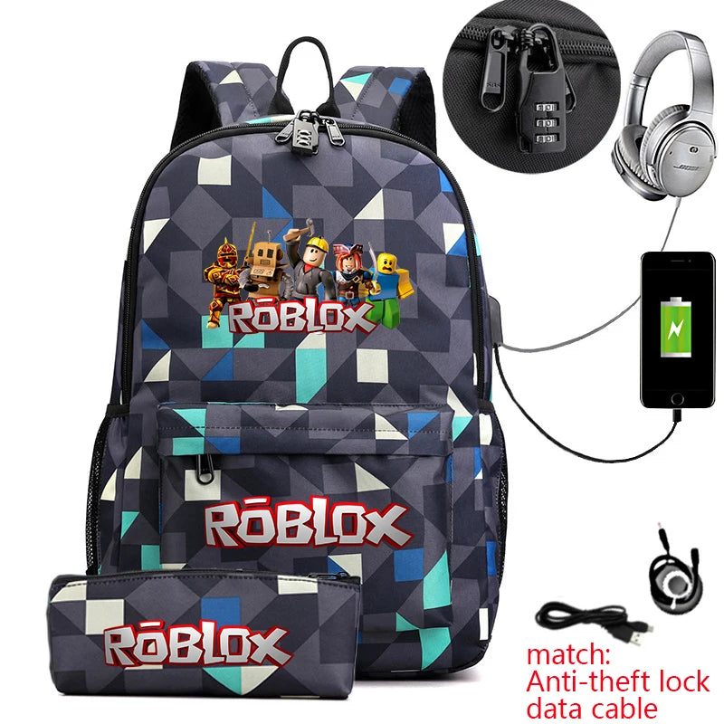 Kids Anti Theft School Backpack Set with Roblox Game Print 2 Piece Bookbag and Pencil Pouch for Boys Girls Student Backpack