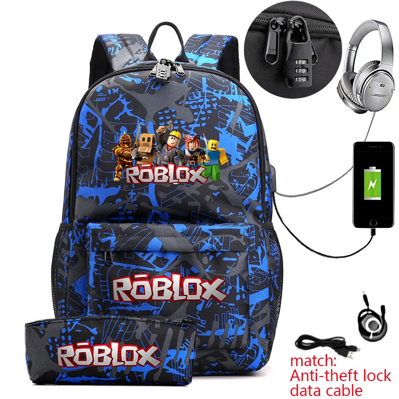 Kids Anti Theft School Backpack Set with Roblox Game Print 2 Piece Bookbag and Pencil Pouch for Boys Girls Student Backpack