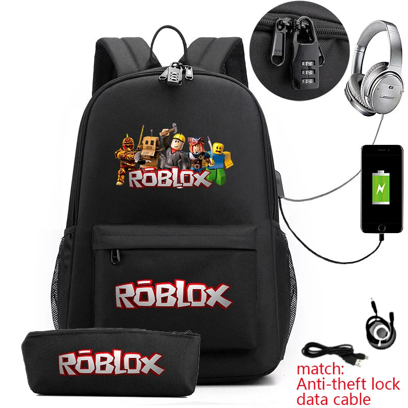 Kids Anti Theft School Backpack Set with Roblox Game Print 2 Piece Bookbag and Pencil Pouch for Boys Girls Student Backpack