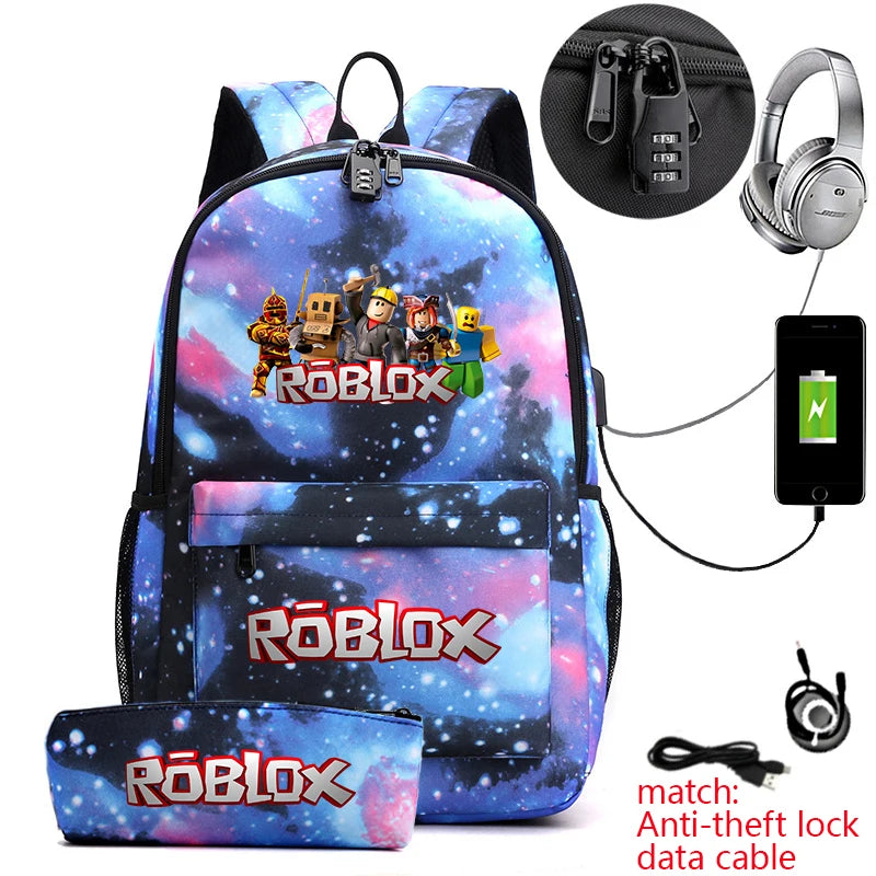 Kids Anti Theft School Backpack Set with Roblox Game Print 2 Piece Bookbag and Pencil Pouch for Boys Girls Student Backpack