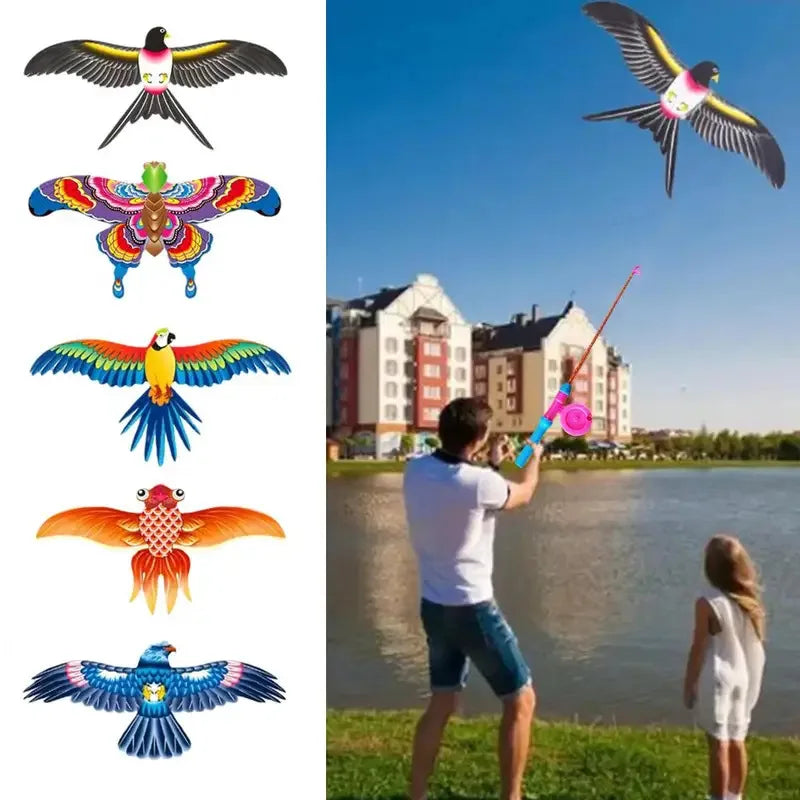 Children Kite Toy Cartoon Eagle Foldable Mini Plastic Toys Kite Hand Brake Fishing Rod  Butterflies For Kids Outdoor Toy For Fun