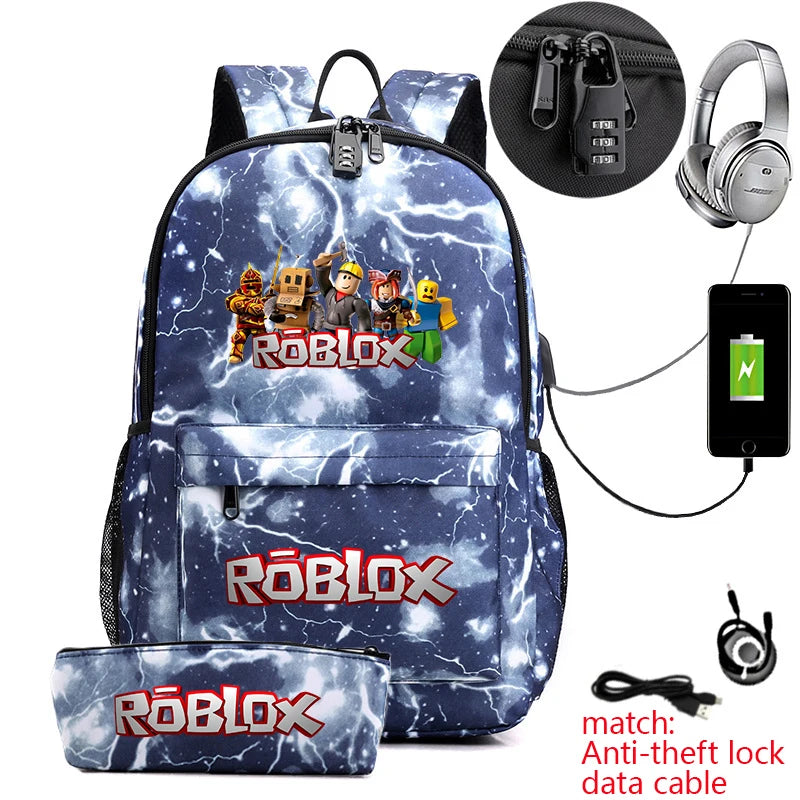 Kids Anti Theft School Backpack Set with Roblox Game Print 2 Piece Bookbag and Pencil Pouch for Boys Girls Student Backpack
