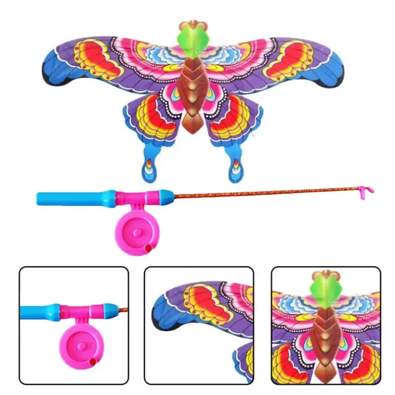 Children Kite Toy Cartoon Eagle Foldable Mini Plastic Toys Kite Hand Brake Fishing Rod  Butterflies For Kids Outdoor Toy For Fun